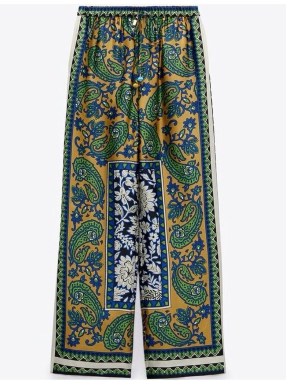 Zara Paisley polyester Satin Wide Leg Pants S Boho Resort Drawstring Palazzo